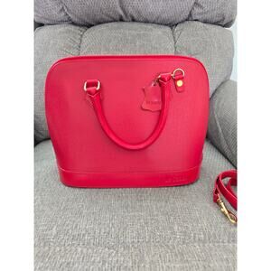 LE SABBI red GENUINE LEATHER ZIP TOP BOWLER SATCHEL HANDBAG SHOULDER BAG flaws